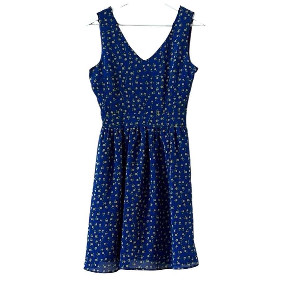 Criss Cross Blue Lemon Floral Fit Flare Mini Dress Sleeveless Lined Skater S